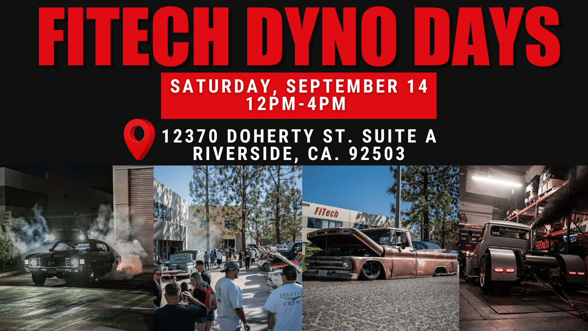 Car event poster with location and date.