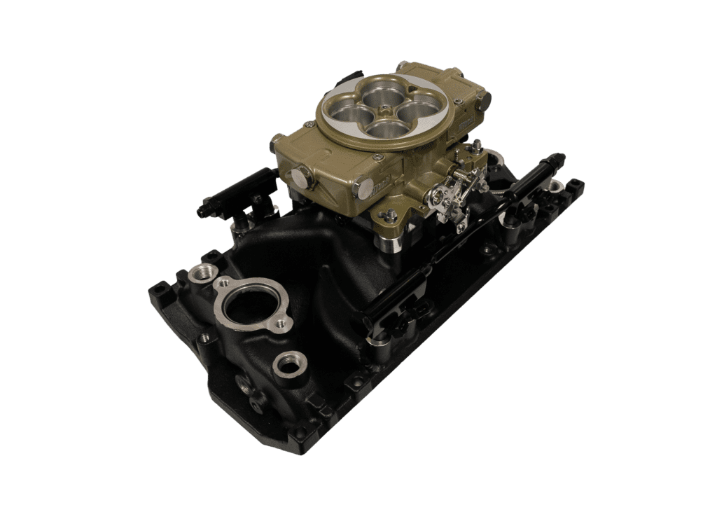 Carburetor on black intake manifold, isolated.