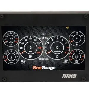Digital automotive display with multiple gauges.