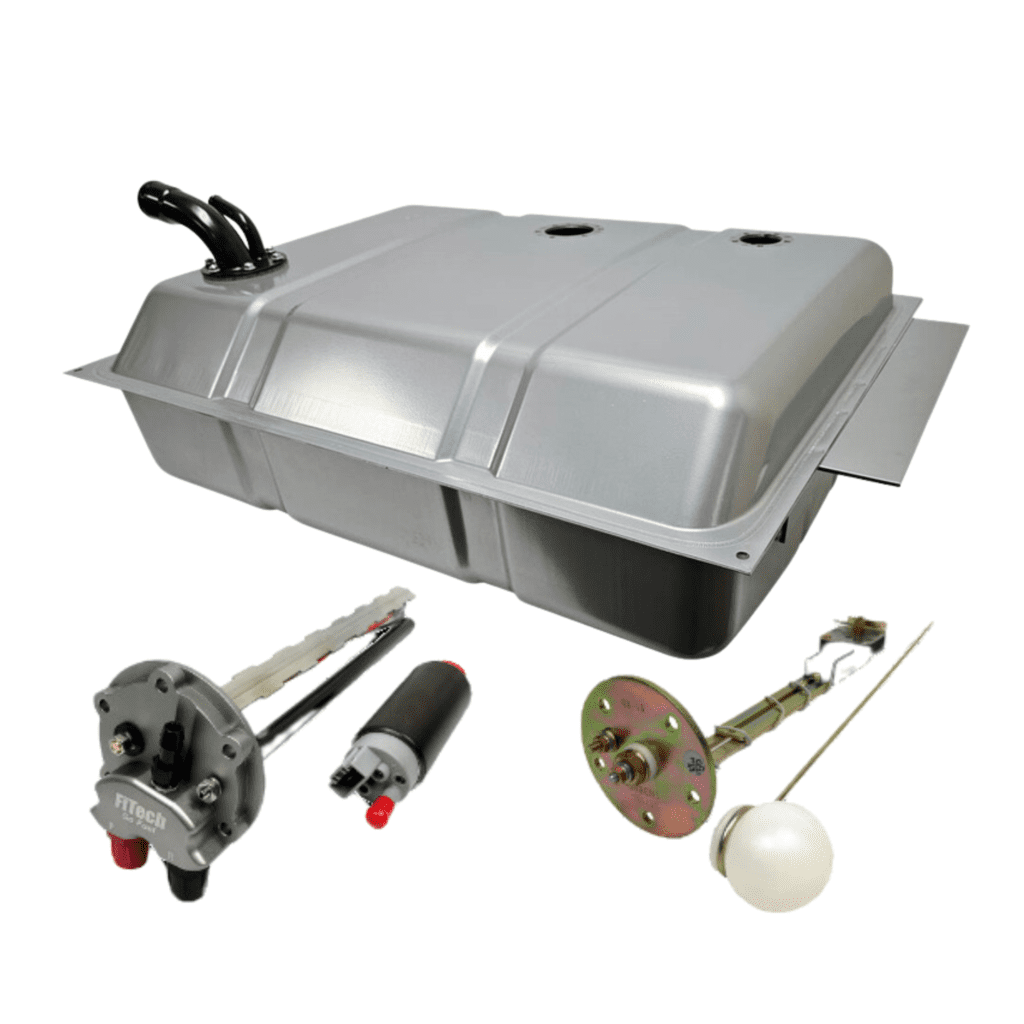 Fuel tank and components on white background.