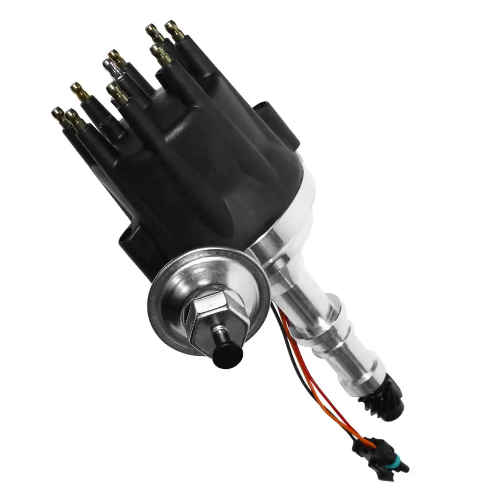 Car distributor cap with attached wiring.