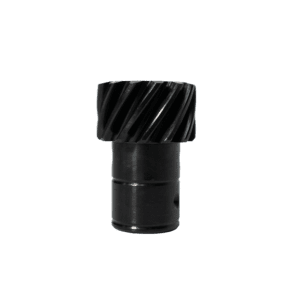 Black cylindrical gear with spiral grooves.
