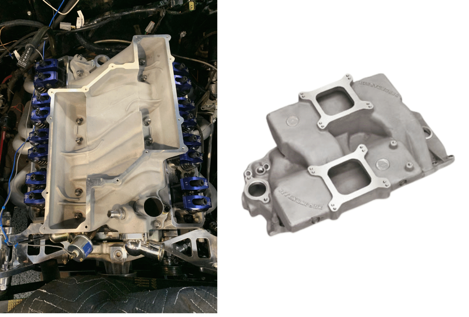 Comparison of a used and a new automotive intake manifold.