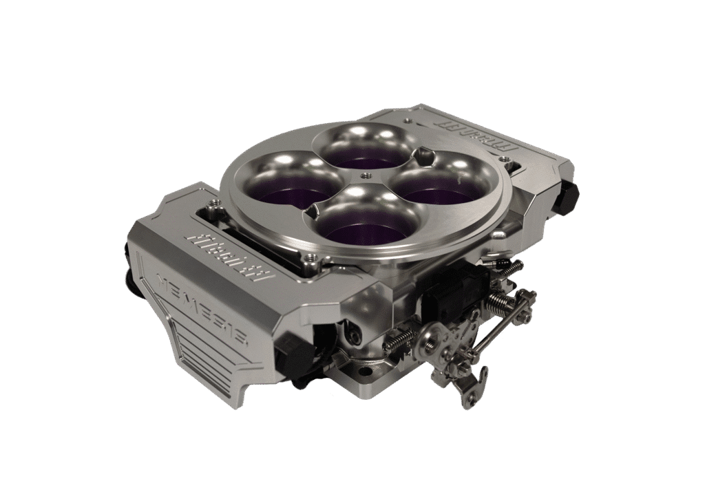 Top view of a high-performance car engine intake manifold with four throttle bodies.