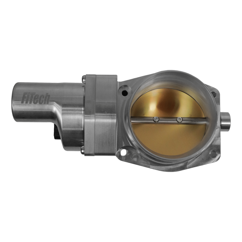 Metal throttle body with butterfly valve for engine air intake control.