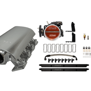 A stainless steel exhaust header with mounting hardware and accessories.