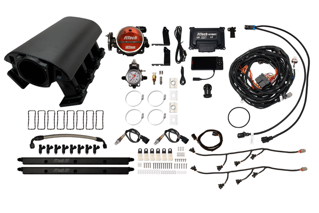 Complete fishing rod kit with reels, lines, and accessories neatly arranged.