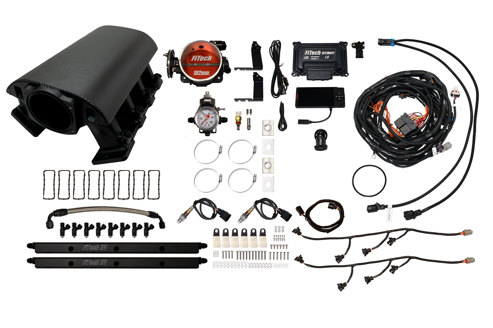 Complete car wiring and sensor kit with cables, connectors, and clips.