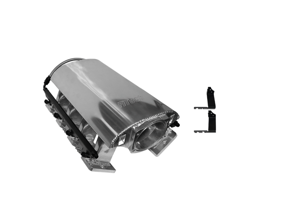 Metallic mechanical component with attached chain and bracket.