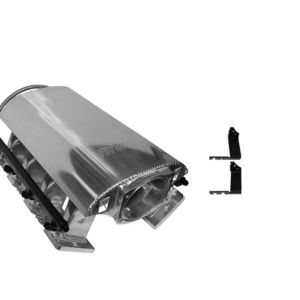 Metallic mechanical component with attached chain and bracket.