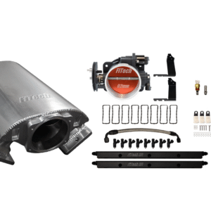 Exhaust system kit with muffler and installation components.