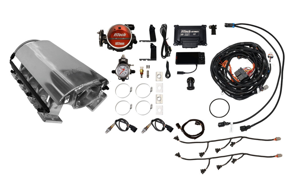 Complete car turbocharger kit with various components and wiring.