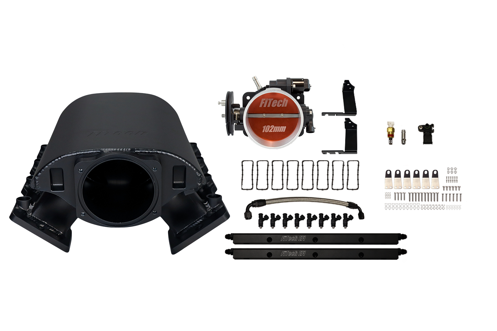 Complete airsoft gun upgrade kit with suppressor, hop-up unit, barrel, and connectors.