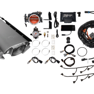 Complete automotive turbocharger installation kit with components and wiring.