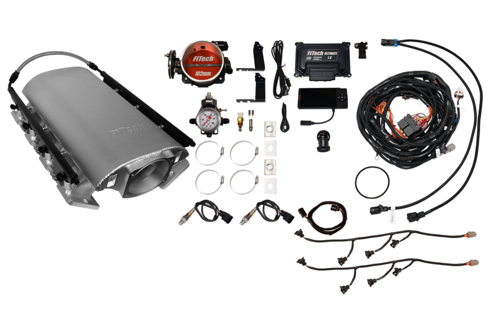 Complete automotive LPG fuel injection system kit with components and wiring.