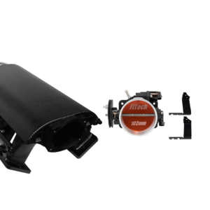 Black outdoor security camera with mounting hardware and a red label.