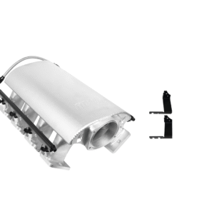 A silver mechanical device with a crank handle and multiple components.