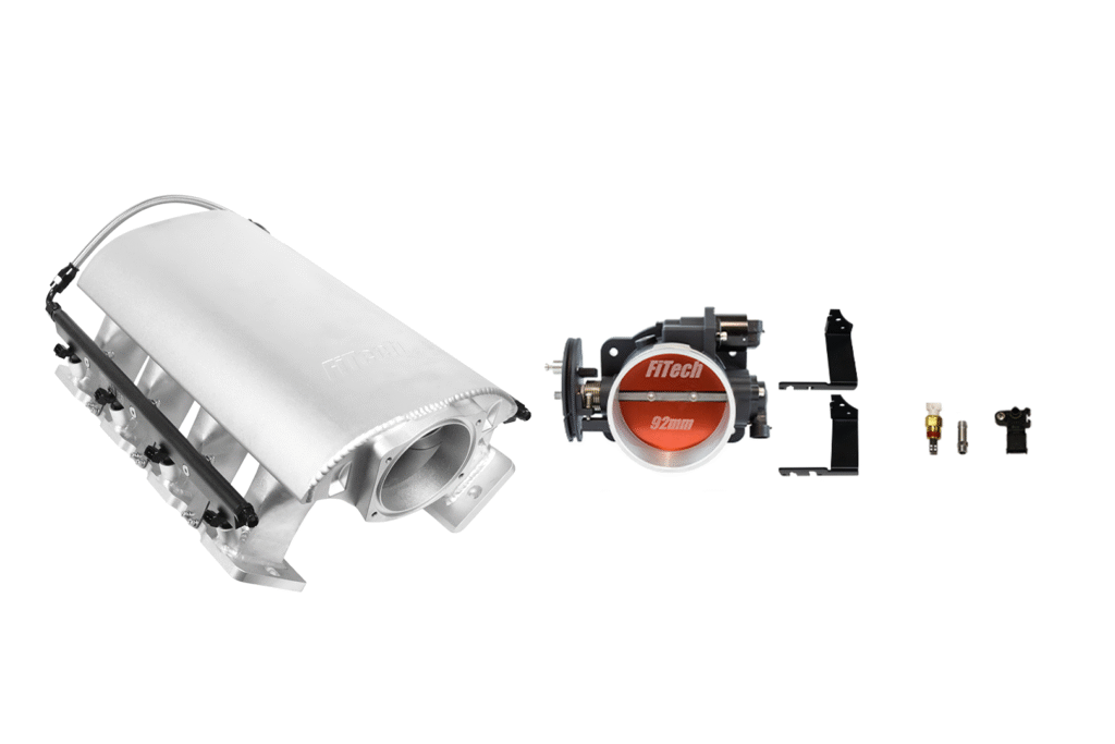 A car exhaust system with a muffler and catalytic converter.