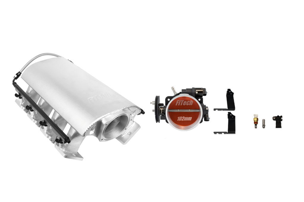 A silver exhaust muffler with a red circular logo and two black clamps.