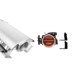 A silver exhaust muffler with a red circular logo and two black clamps.