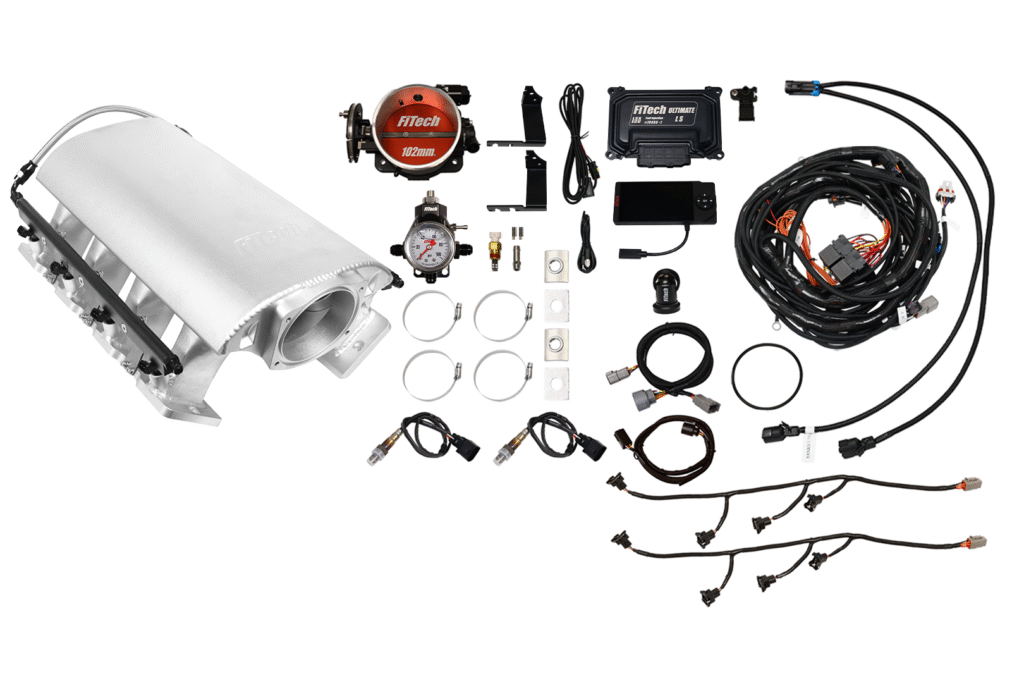 A set of automotive components including sensors, wiring, and connectors.