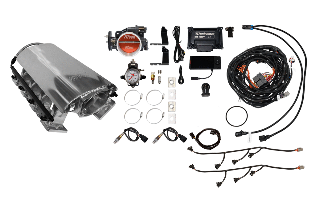 Components of a nitrous oxide system laid out on a white background.