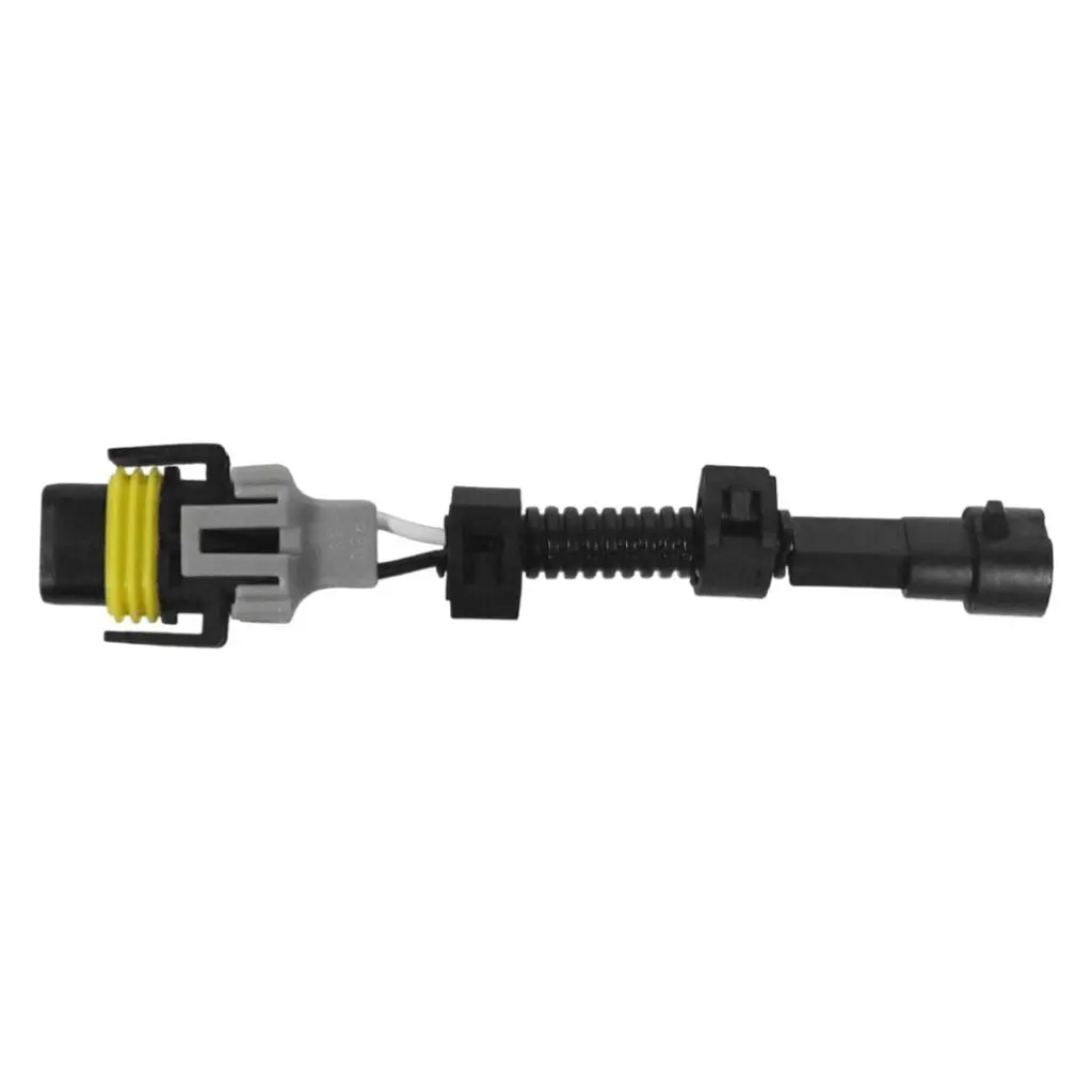 A black and yellow electrical cable connector with a locking mechanism.