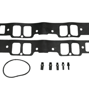 A set of automotive gaskets and bolts laid out on a white surface.