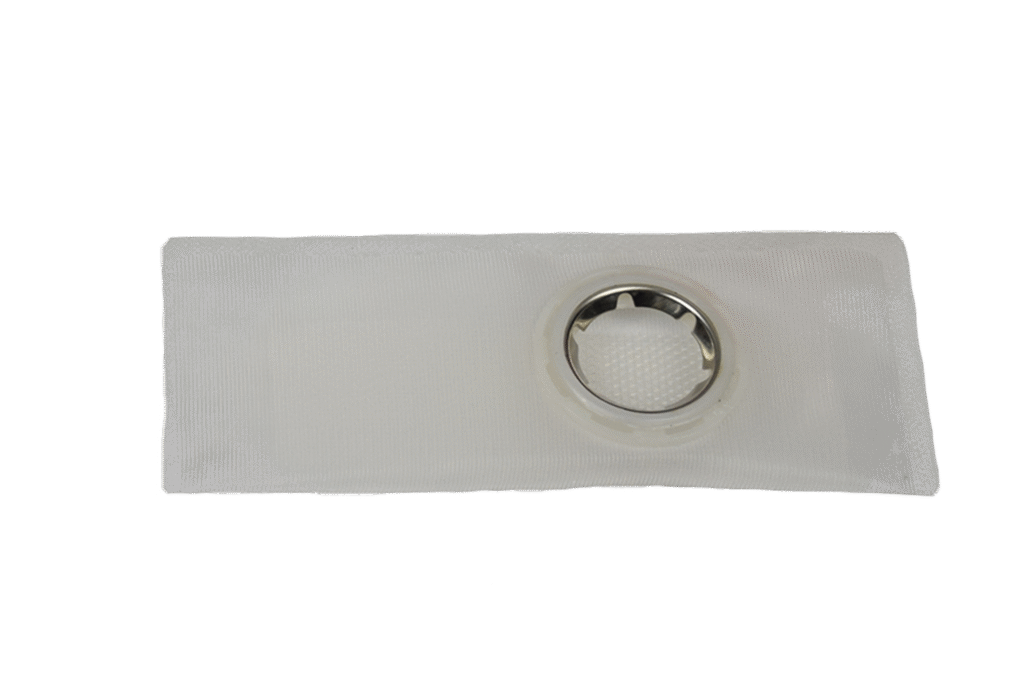 A silver ring on a white fabric background.