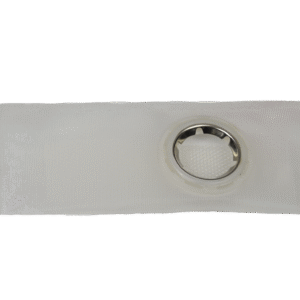 A silver ring on a white fabric background.