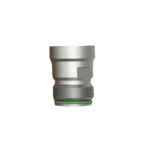 A metallic cylindrical connector with a green ring at the base.
