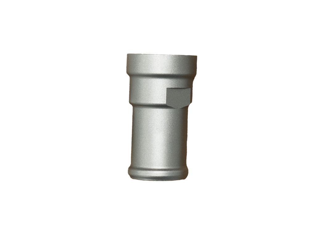 A metallic pipe fitting with a stepped design.