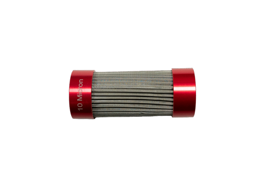 A cylindrical metal filter with red end caps.