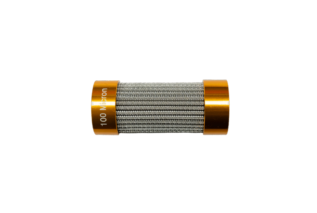 A cylindrical metal filter with gold-colored end caps.