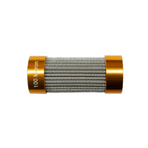A cylindrical metal filter with gold-colored end caps.
