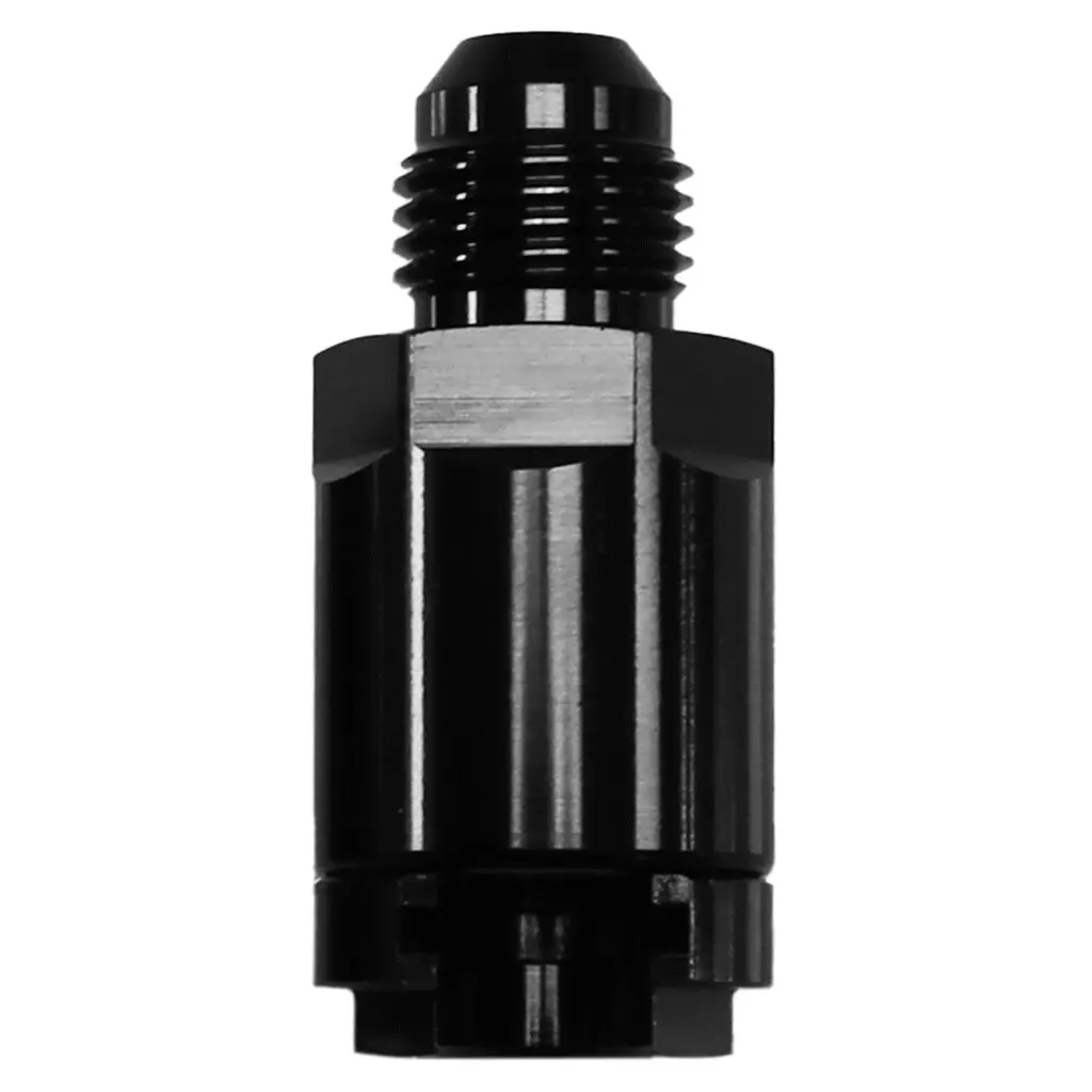 Black plastic automotive fitting with threaded end and hexagonal body.