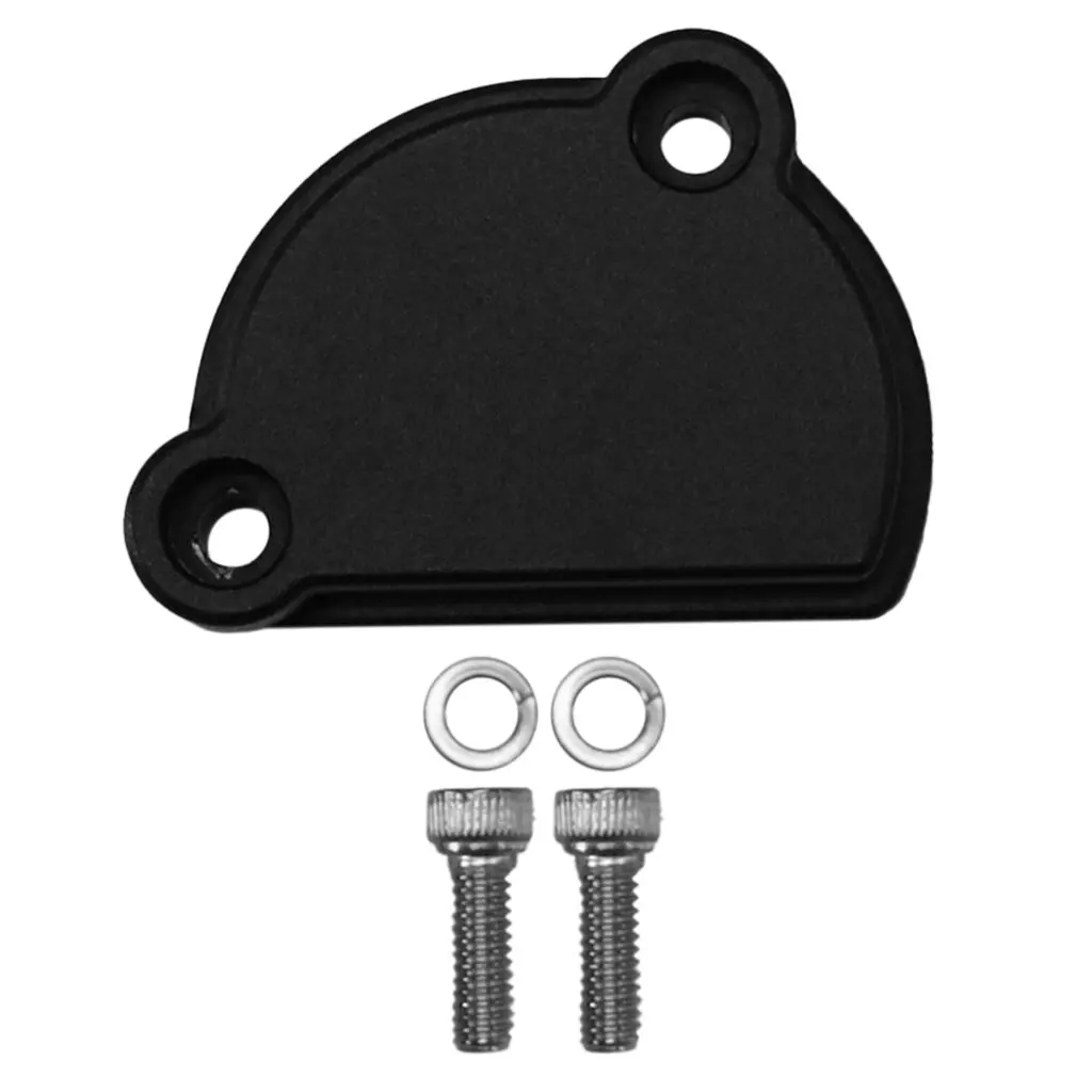 Black metal cover plate with two bolts and washers.