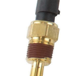 Close-up of a brass temperature sensor with a threaded base.