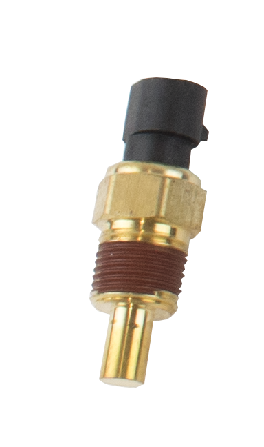Close-up of a brass temperature sensor with a threaded base.