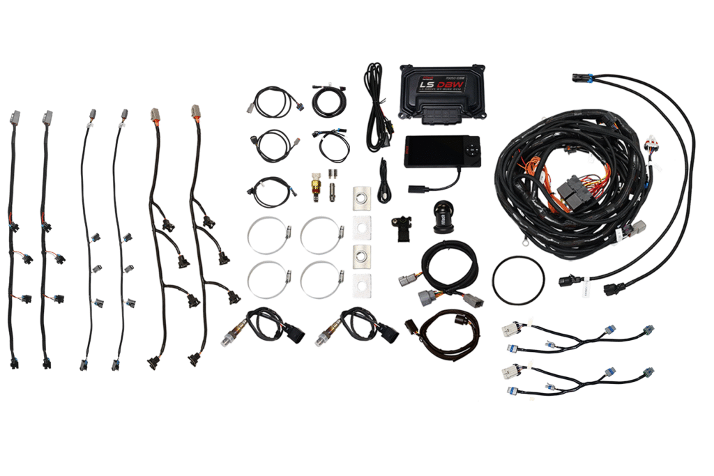 Complete automotive wiring harness kit with connectors and cables.