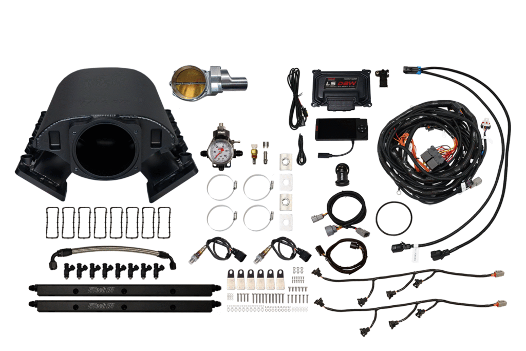 Complete vehicle air suspension kit with compressors, valves, and wiring.