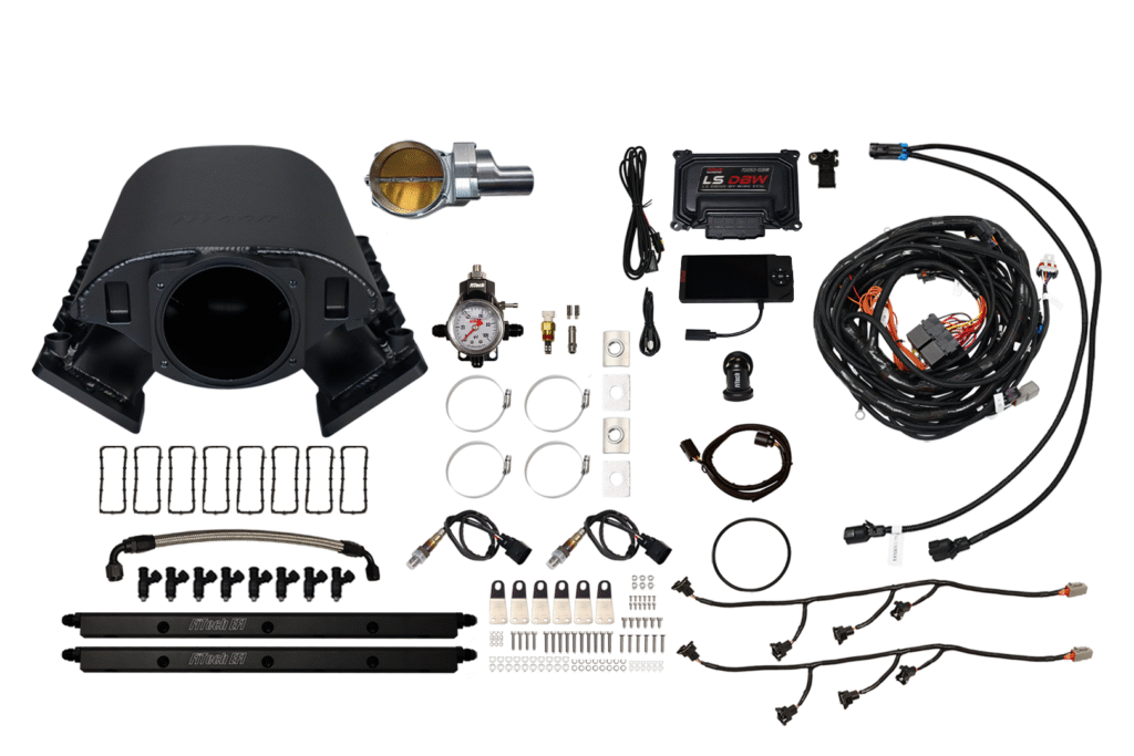Complete automotive exhaust and engine tuning kit with various tools and components.
