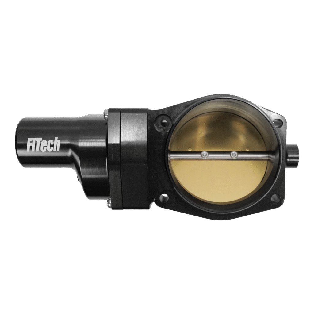 A black automotive throttle body with attached sensor.