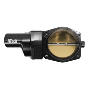 A black automotive throttle body with attached sensor.