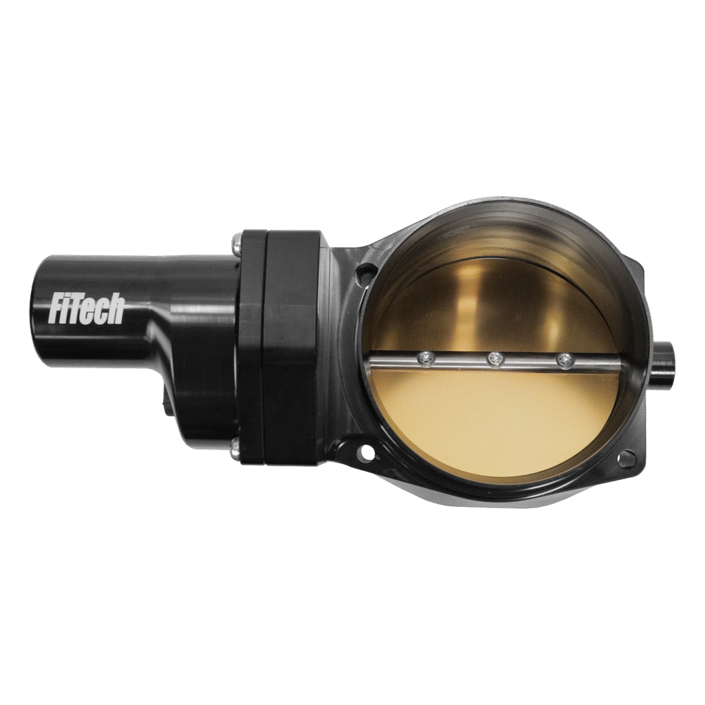 A black and gold automotive throttle body component.