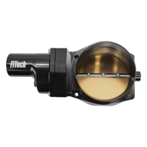 A black and gold automotive throttle body component.