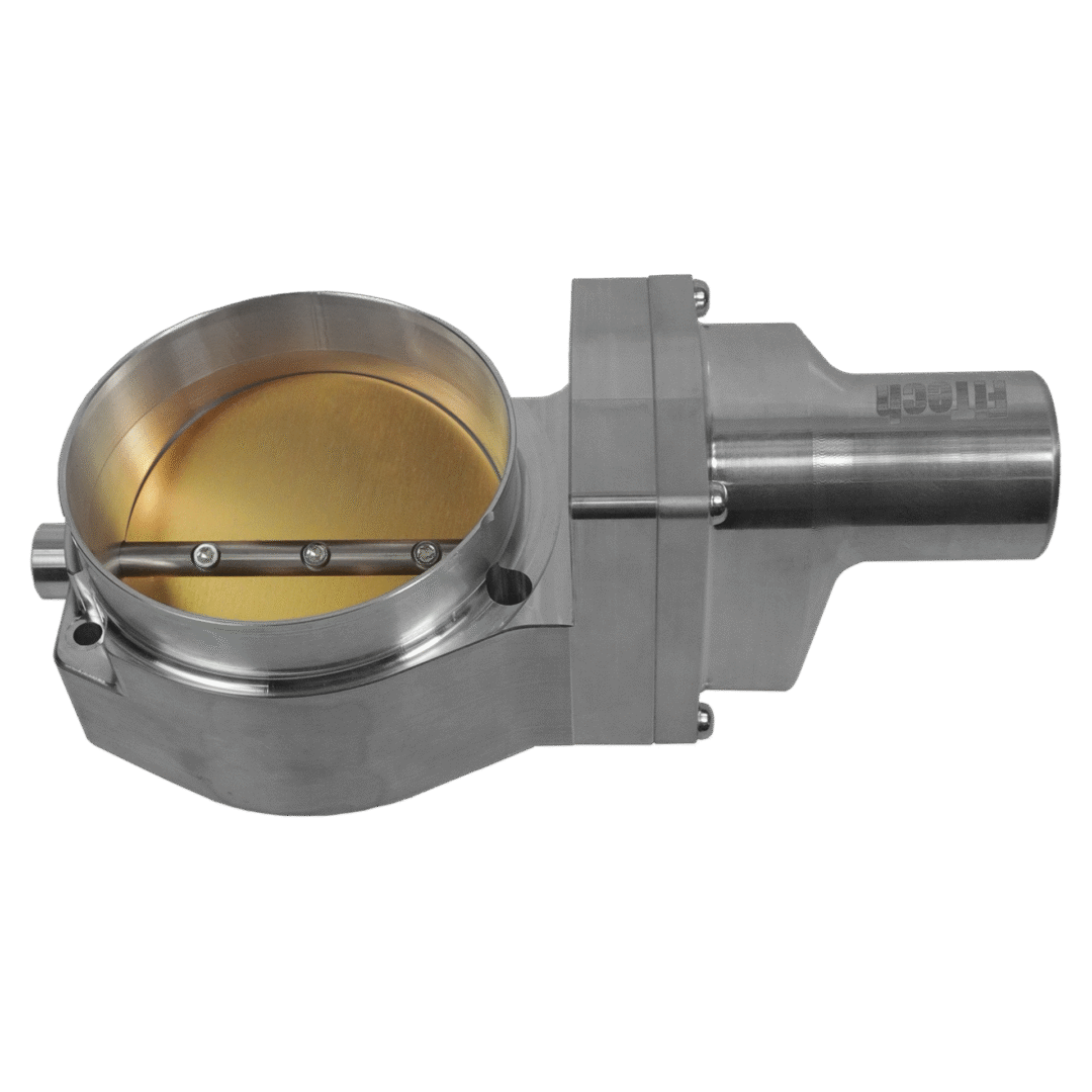 Metal throttle body with a gold-colored valve plate.