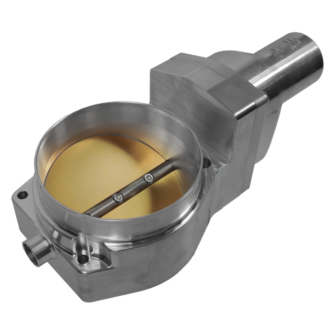 A metal butterfly valve with a lever handle.