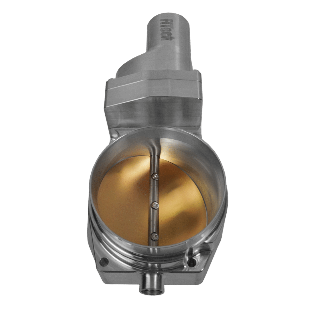 Close-up of a metallic automotive throttle body component.