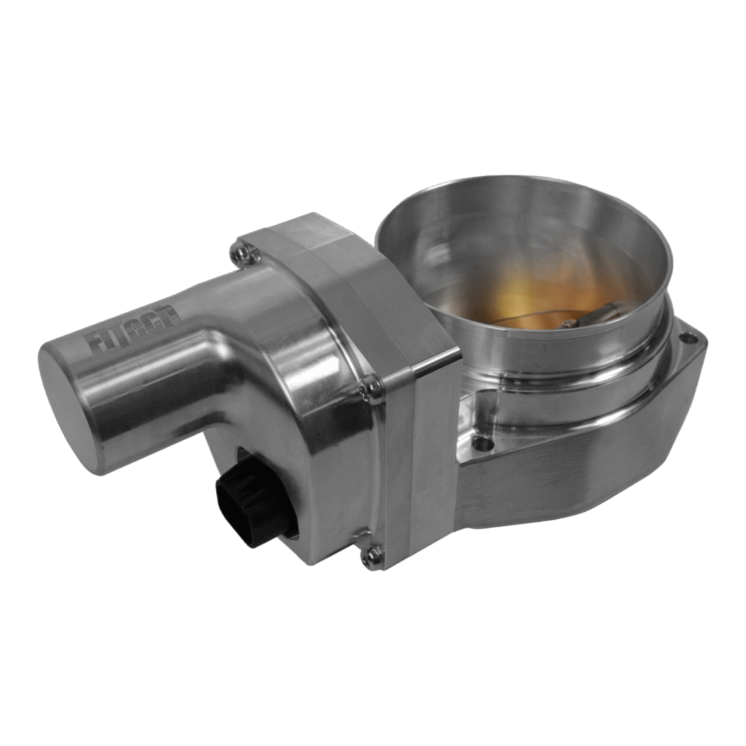 Close-up of a metallic throttle body with sensor attached.